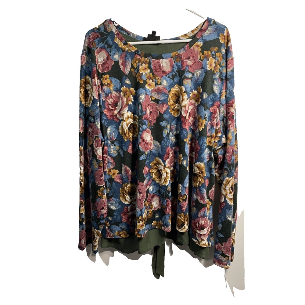 wallpapher womens green floral long sleeve blouse plus size 3X XXXL